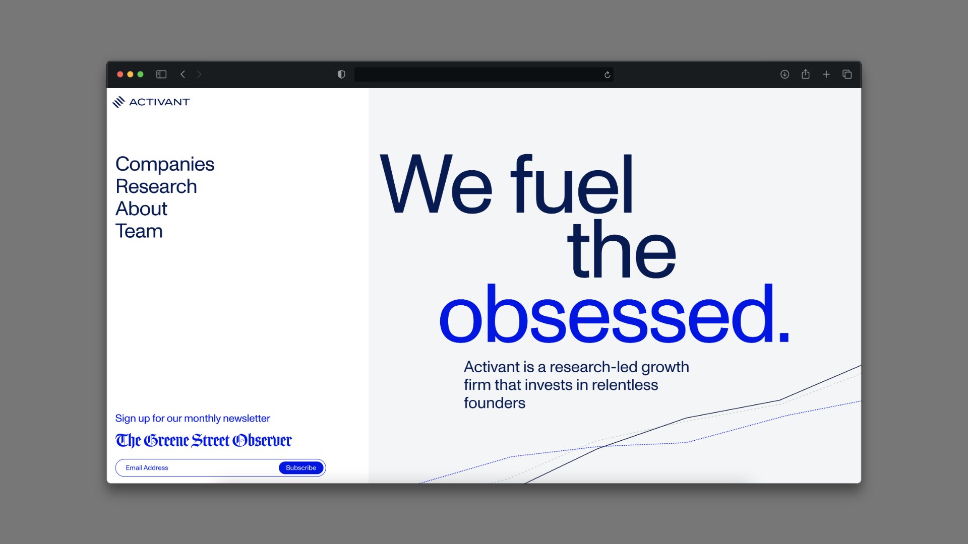 Activant website with the menu open: Companies, Research, About, Team