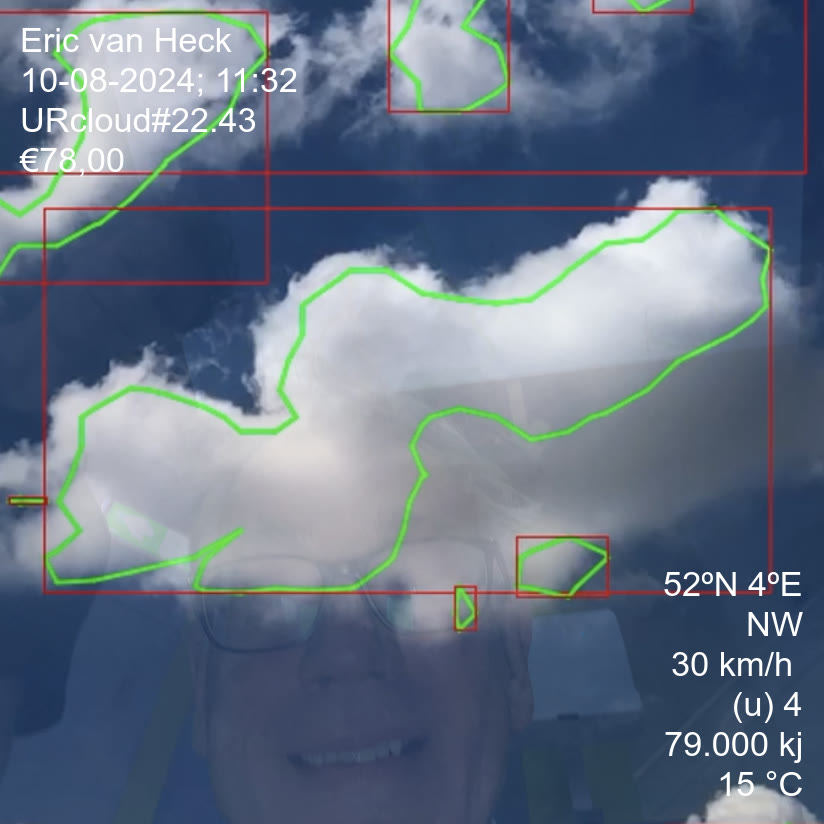 A cloud certificate: the outlined cloud over the buyer’s photograph, with its coordinates, wind and price