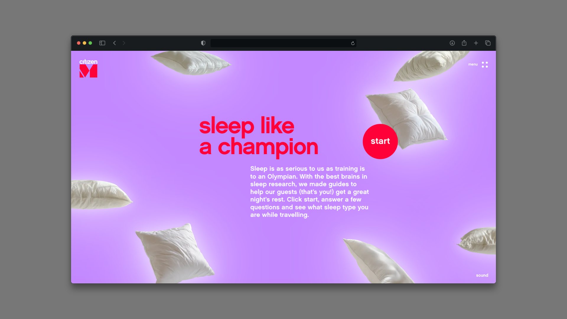 “Sleep like a champion” landing page: pillows floating on lilac