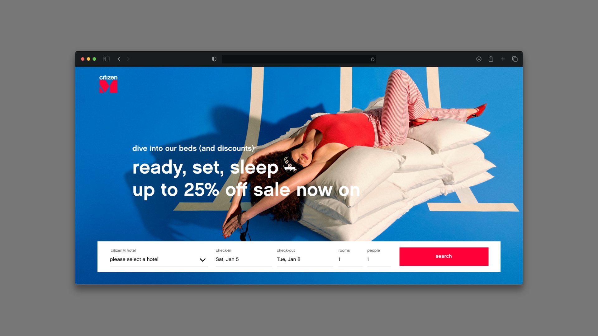 “Ready, set, sleep” sale page: a woman asleep on a stack of pillows on a blue court