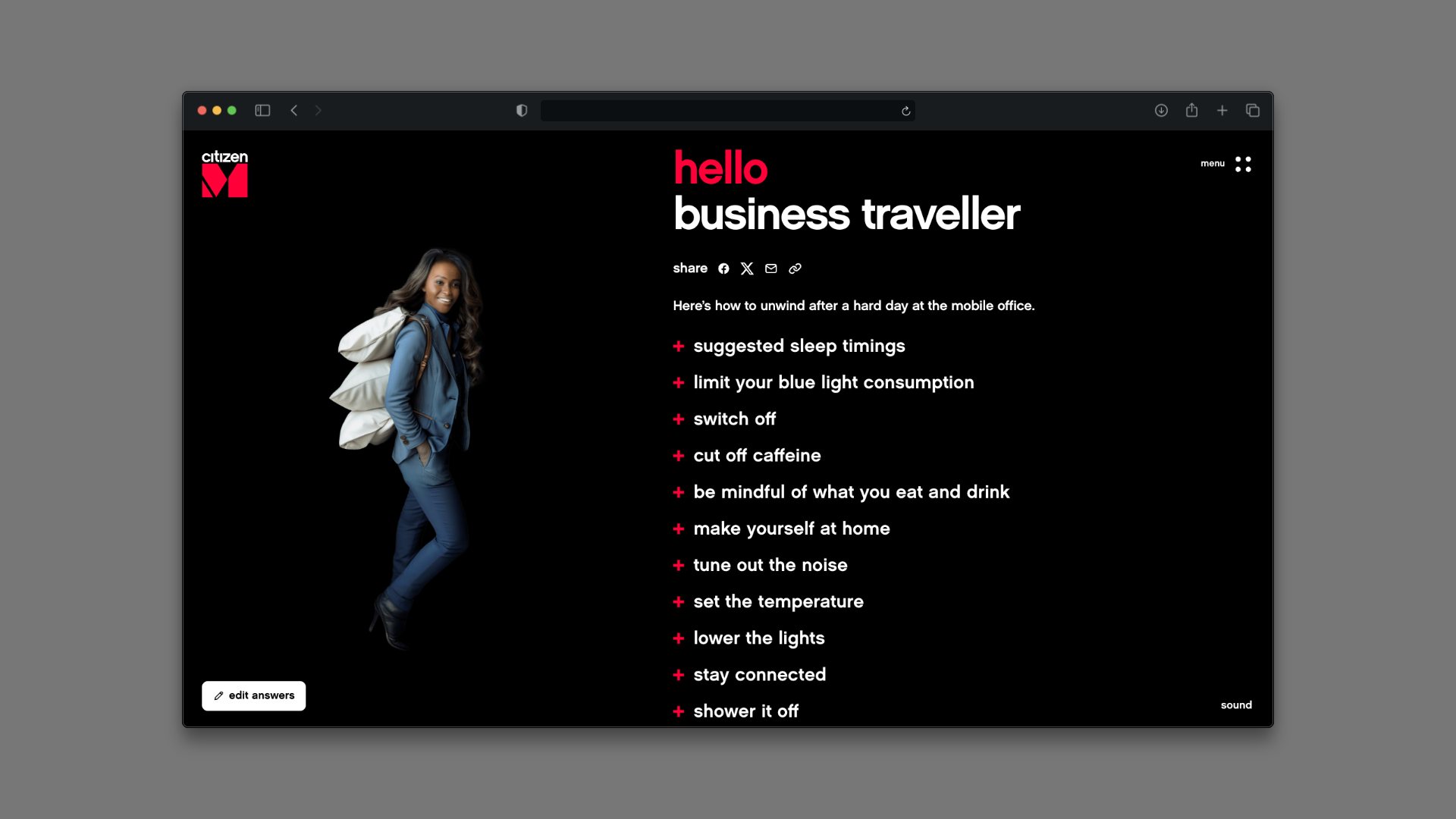 “Hello business traveller” page with a list of sleep tips