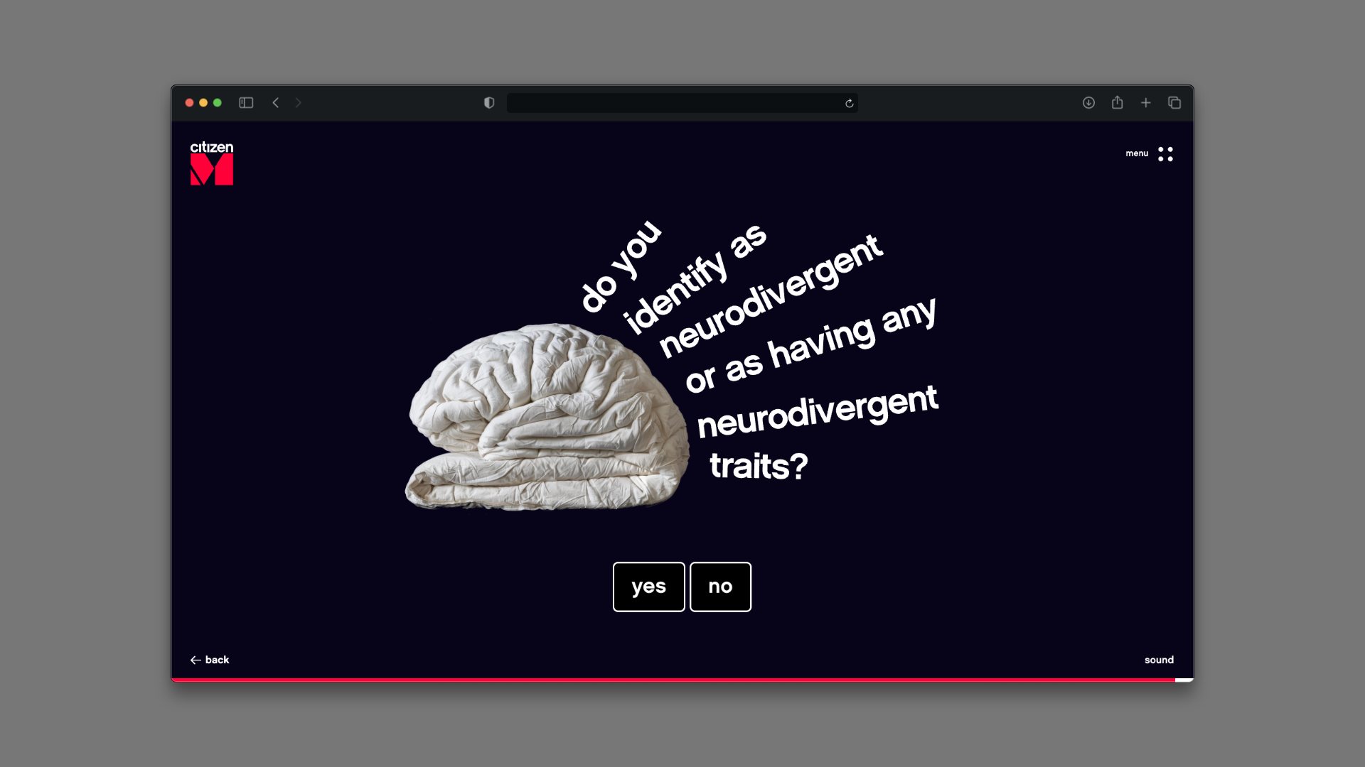 Quiz page asking about neurodivergent traits, over a sculpted brain
