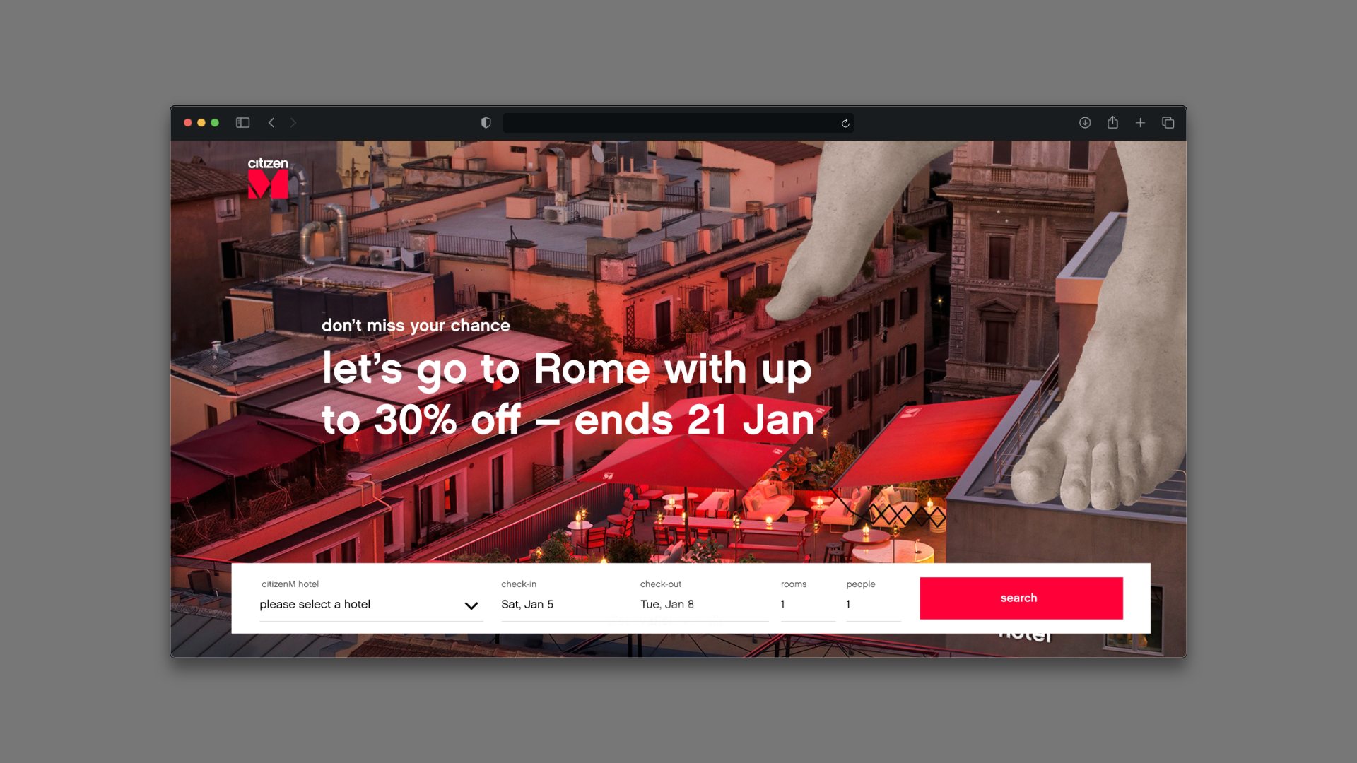 Rome sale page: a giant hand over a rooftop terrace